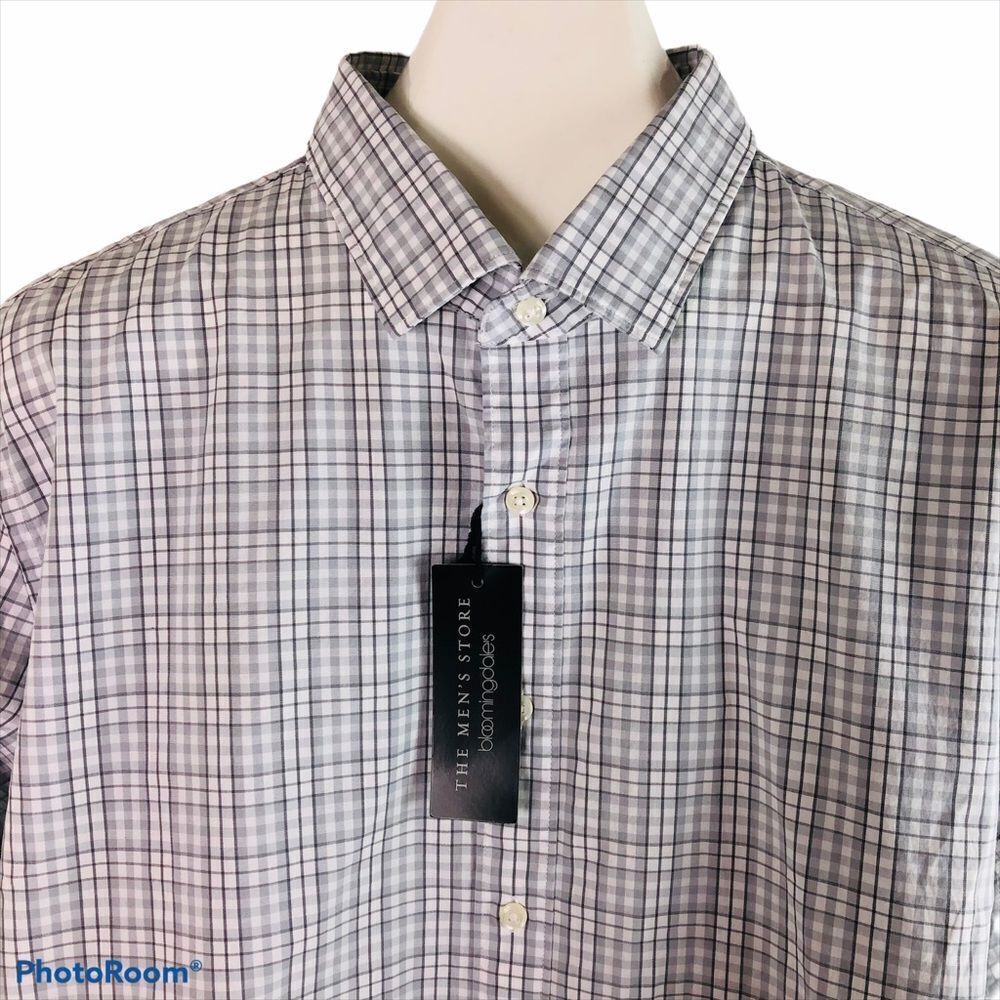 Bloomingdale's The Men's Store Grey Checked Button Up Shirt Cotton Stretch 2XL - Picture 3 of 8